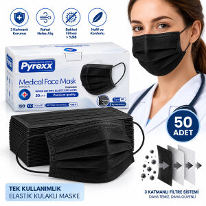 PYREXX MEDICAL ( SİYAH ) ( 50PCS ) MEDİKAL CERRAHİ YÜZ MASKESİ ( TEK KULLANIMLIK & 3 KATLI )*1X50