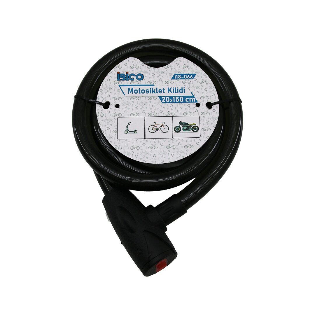 İBİCO İ18-066 ( ANAHTARLI ) ( AÇ-KAPA KİLİT KAPAKLI ) MOTOR & BİSİKLET KİLİT ( ÇELİK TEL ) ( SİYAH ŞEFFAF KILIF ) ( 20MMX150CM )*30