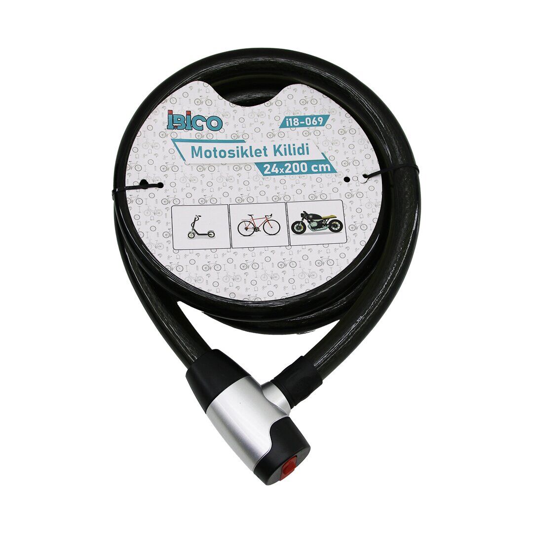 İBİCO İ18-069 (ANAHTARLI) (METAL KAPLAMA KAFA) (ÇEK-İT KİLİT KAPAK) MOTOR & BİSİKLET KİLİT (ÇELİK TEL) (SİYAH ŞEFFAF KILIF) (24MMX200CM)*20