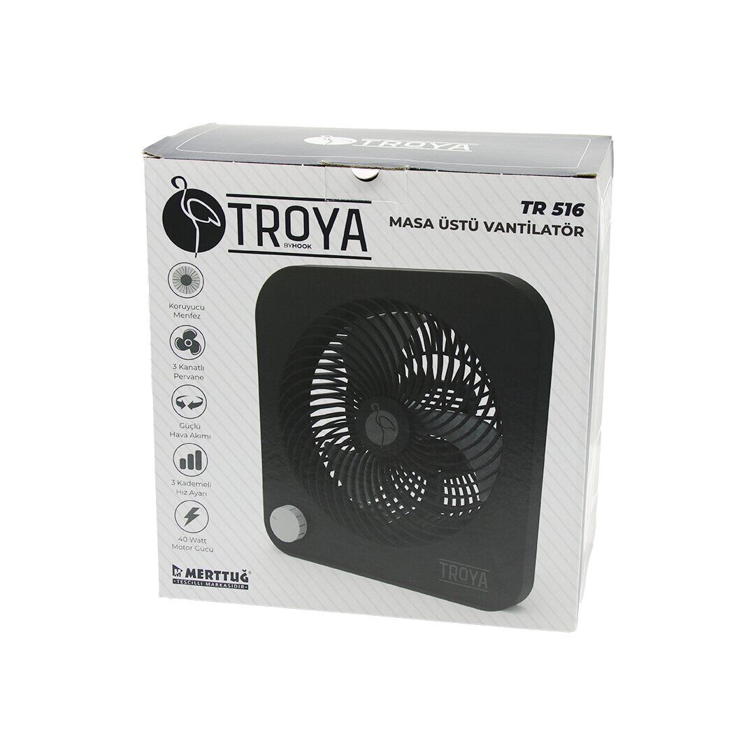 TROYA BY HOOK TR-516 MASA ÜSTÜ VANTİLATÖR (FAN=22CM) (3 KADEME HIZ) (40W) ( 3 PERVANE ) (SİYAH PLS.STAND=28X27X13CM)*6