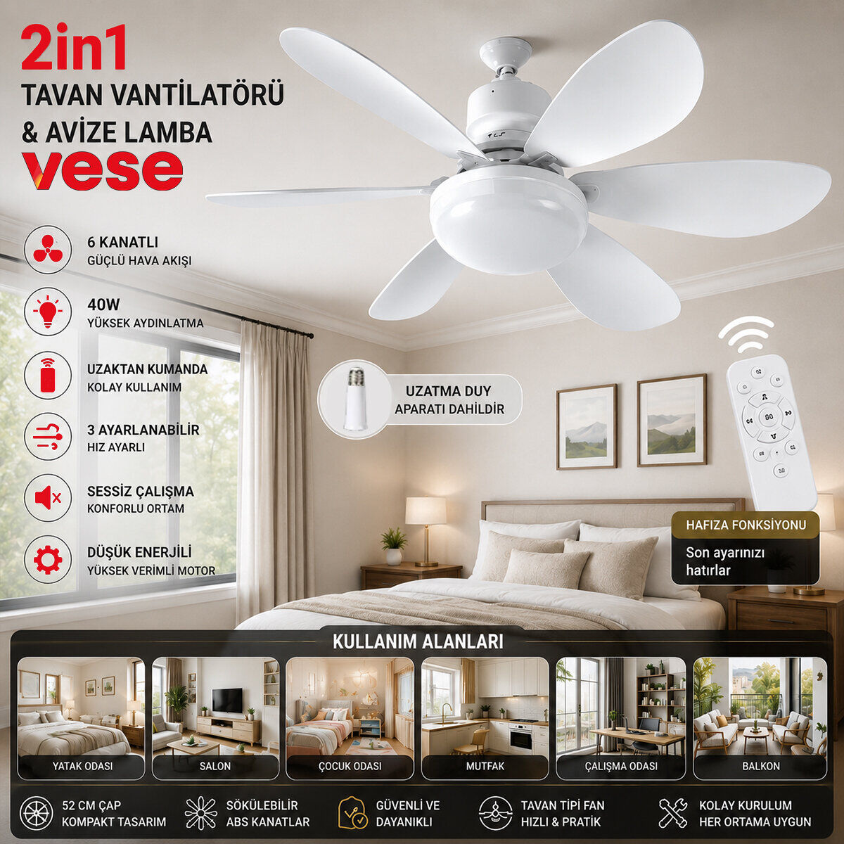 VESE VNT-005 (2İN1=TAVAN VANTİLATÖR & AVİZE LAMBA) (40W) ( KUMANDALI ) ( 6KNAT )*24