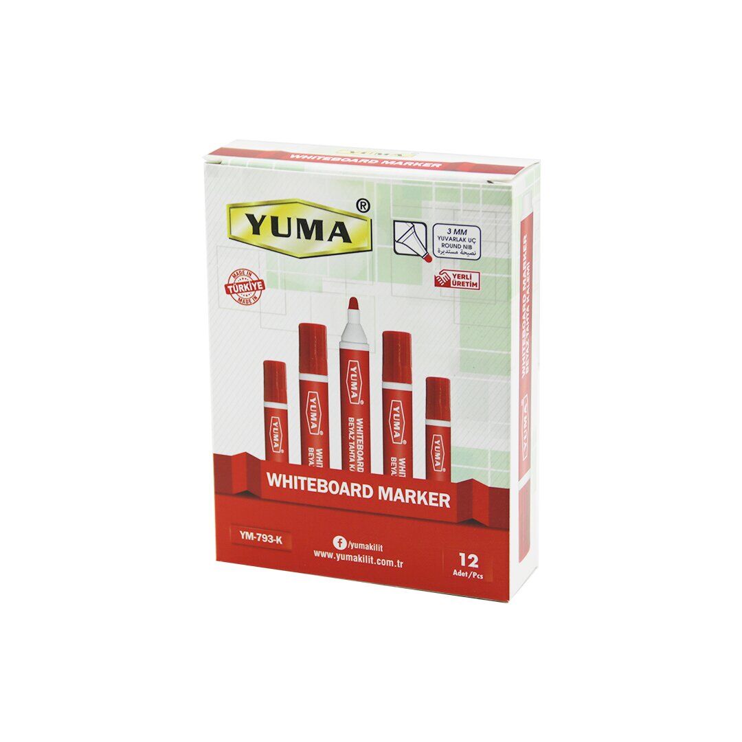 YUMA YM-793-K ( KIRMIZI ) BEYAZ TAHTA KALEMİ ( 3MM YUVARLAK UÇ )*12X96