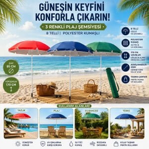SKYBELT SKY-122 ( 170CM SAPLI ) ( ÇAP: 85*85CM ) ( DÜZ - TEK RENK ) PLAJ ŞEMSİYESİ ( 8TELLİ & FIBERGLASS ) ( POLYESTER KUMAŞ )*24=K