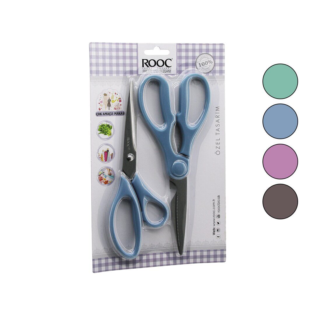 ROOC MKS-7 ( 2Lİ SET ) ( TERZİ & MUTFAK=ÇOK AMAÇLI ) MAKAS SETİ ( RENKLİ PLASTİK SAPLI )*12X6