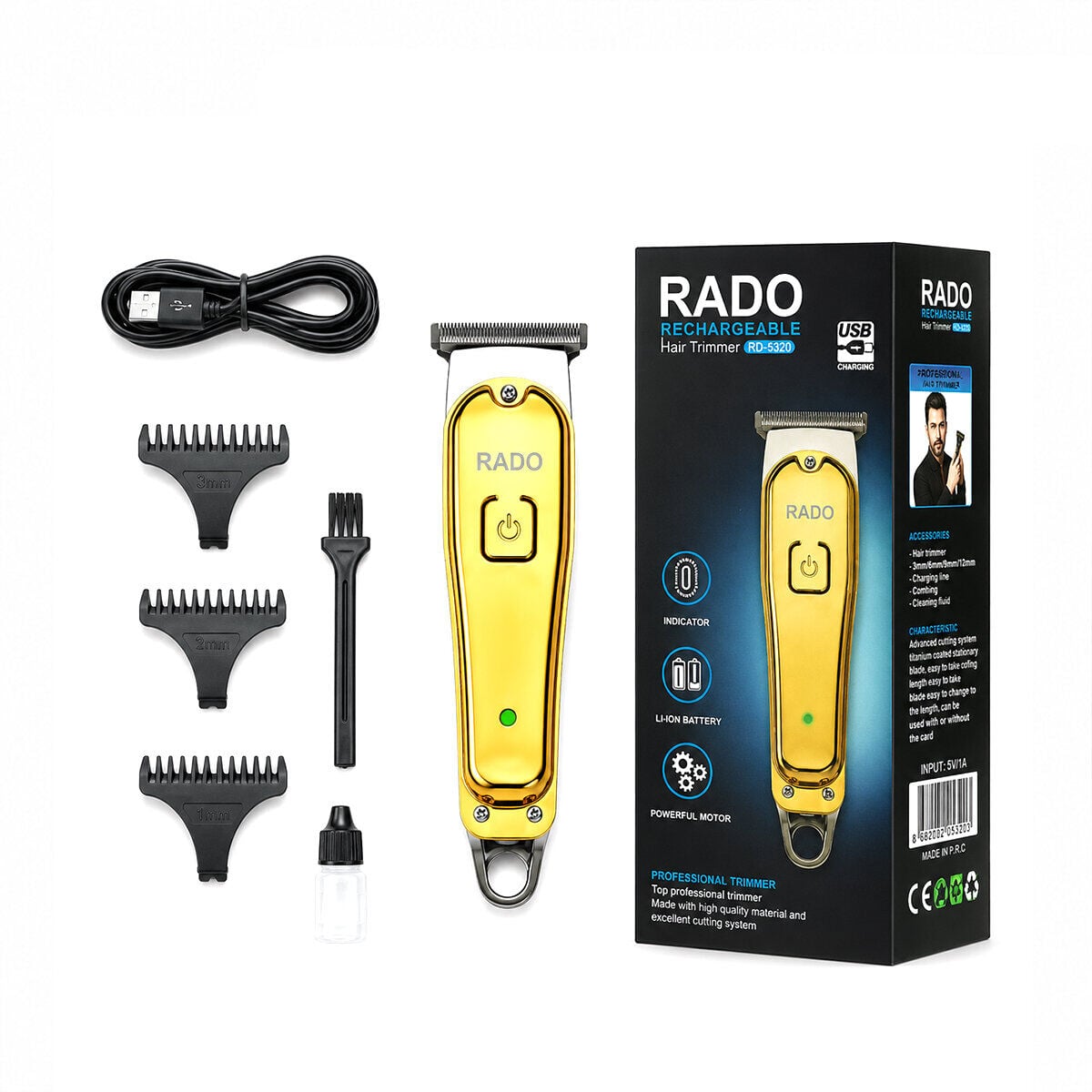 RADO RD-3638 ( SARI METAL KAPLAMA & USB SARJLI & T BIÇAK) ( 3 KESİM TARAK & YAĞ ŞİŞE & TEMİZLEME FIRÇA ) SAÇ SAKAL KESME & TRAŞ MAKİNE*60