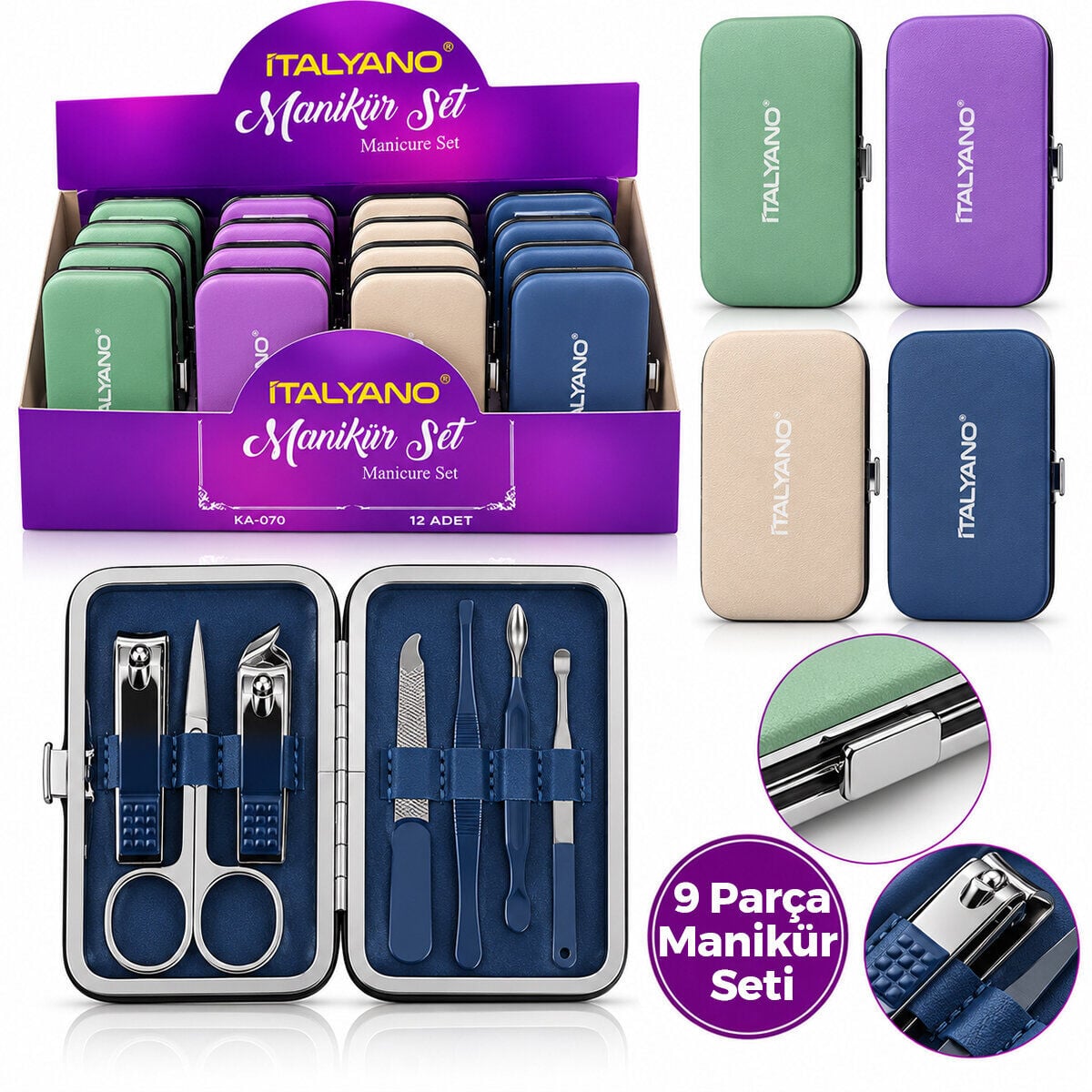 İTALYANO KA-070 ( 7PCS & KROM MAVİ KAPLAMA ) MANİKÜR & PEDİKÜR BAKIM SETİ ( DÜZ RENK DESENLİ MODEL ÇANTALI)*12X12