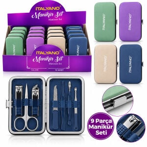 İTALYANO KA-070 ( 7PCS & KROM MAVİ KAPLAMA ) MANİKÜR & PEDİKÜR BAKIM SETİ ( DÜZ RENK DESENLİ MODEL ÇANTALI)*12X12