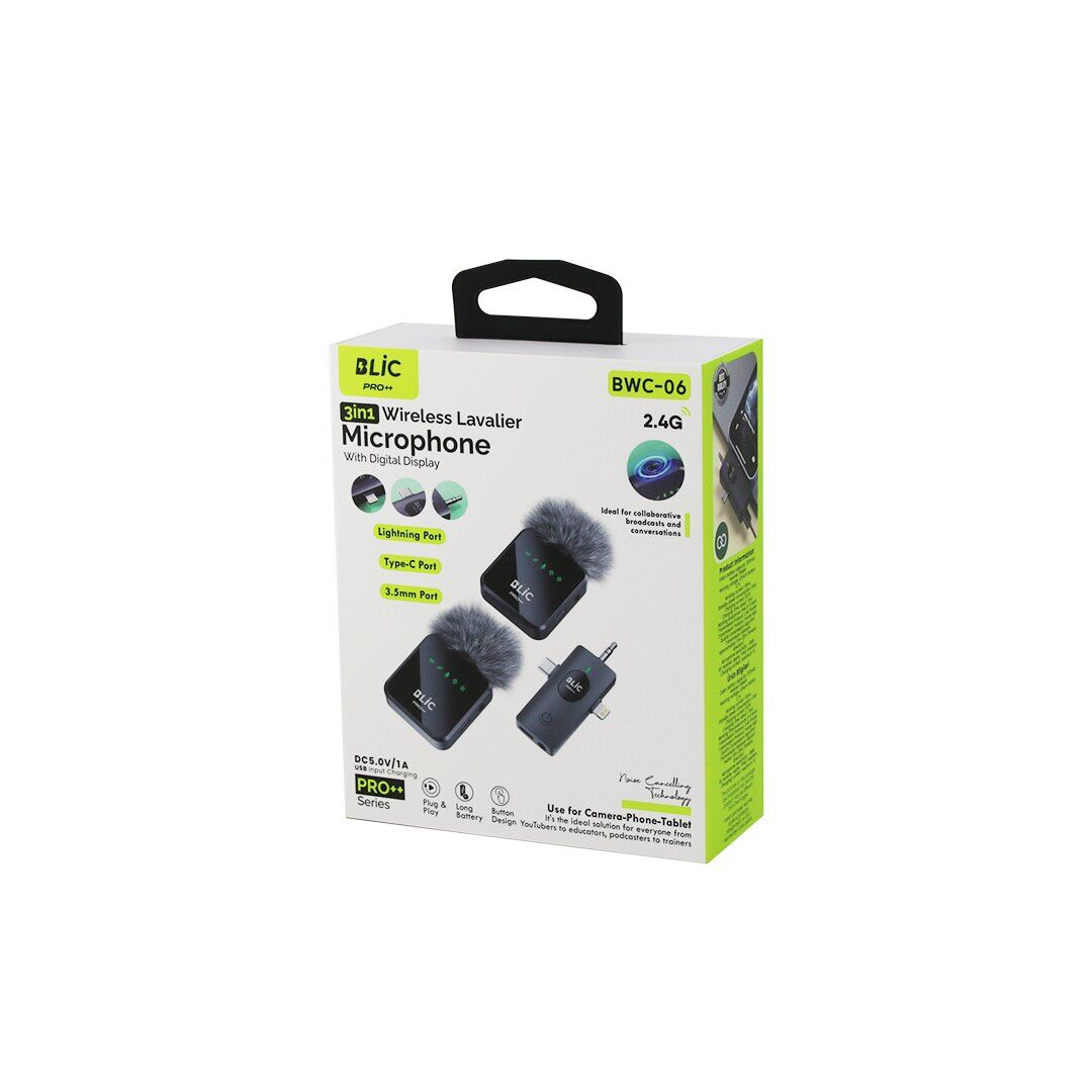 BLİC BWM-06 ( 3İN1 ) KABLOSUZ İKİLİ YAKA MİKROFON ( TÜYLÜ ) ( DİJİTAL EKRAN ) ( LİGHTNİNG - TYPE-C - 3.5MM GİRİŞ ) ( 5.0V / 1A )*50
