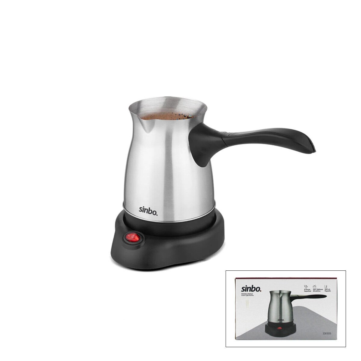 SİNBO SCM-9039 (ÇELİK) ELEKTRİKLİ CEZVE (TÜRK KAHVE MAKİNESİ & 6FİNCAN=500ML) (360° KABLOSUZ KULLANIM) (KATLANIR KULP) ( 600W )*8