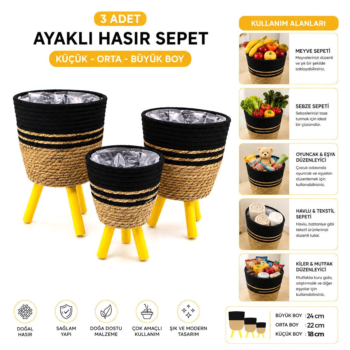 ALVETRO ALV-01 ( 3PCS ) AYAKLI HASIR & AHŞAP SEPET ( MİX DESEN ) ( 18-22-24CM )*6=K