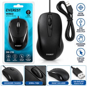 EVEREST SM-216 ( KABLOLU USB & IŞIKLI ) ( SİYAH ) OPTİCAL MOUSE ( 1200 DPI )*100