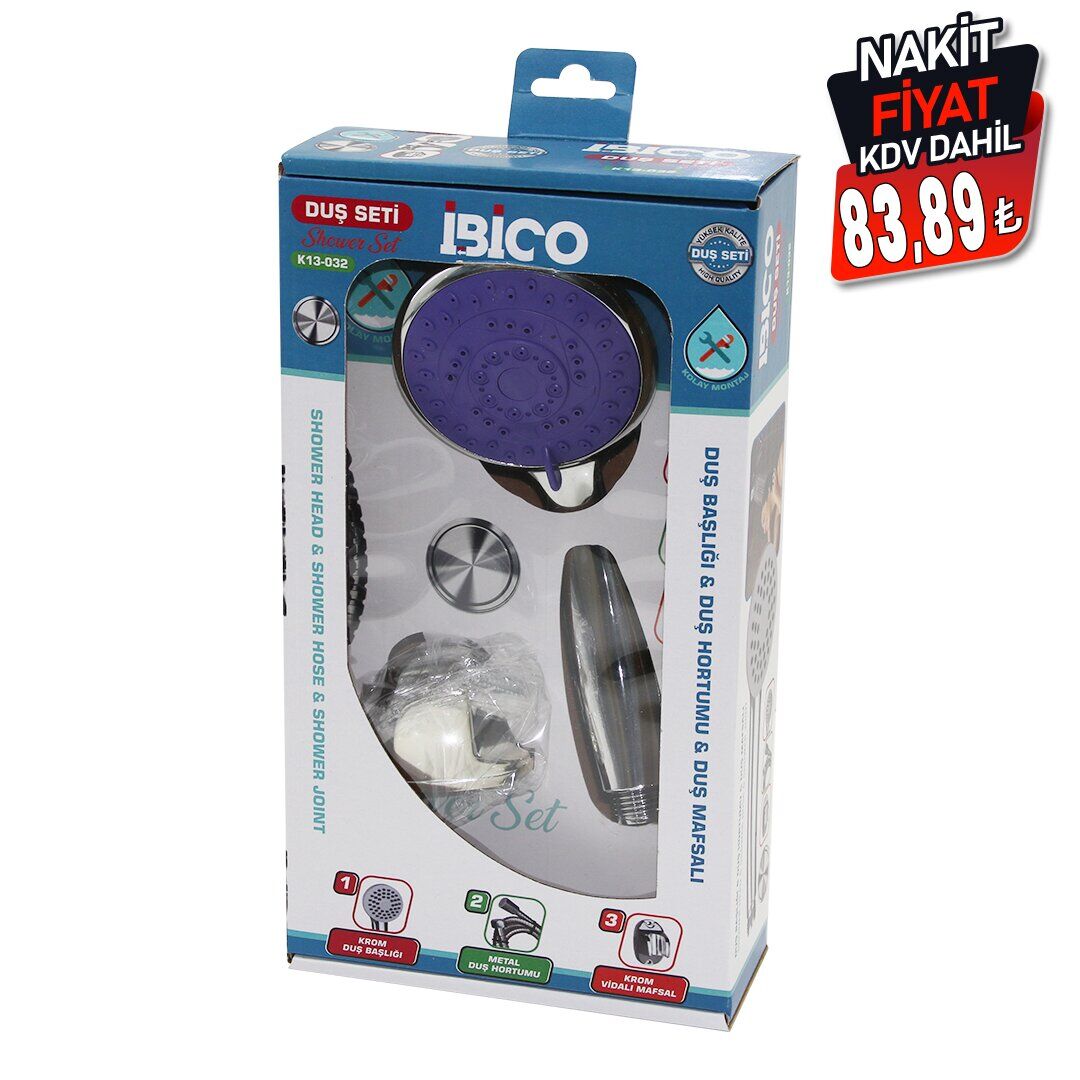 İBİCO K13-032 (KUTULU AMBALAJ) (3İN1) DUŞ SETİ ( FONKSİYONLU KROM DUŞ BAŞLIK & METAL DUŞ HORTUM & MAFSAL=ASKI VİDALI )*36                                 kpy161