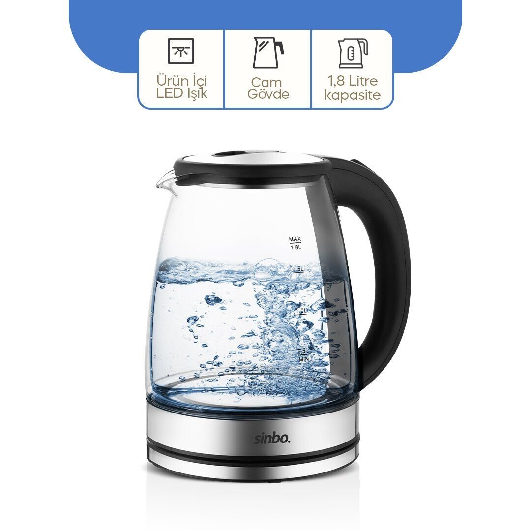 SİNBO SK-8033 ( CAM & LEDLİ ) KETTLE ( 1.8LT ) ( GİZLİ REZİSTANS & KABLOSUZ ) (360° GÖVDE ) 1500W*4