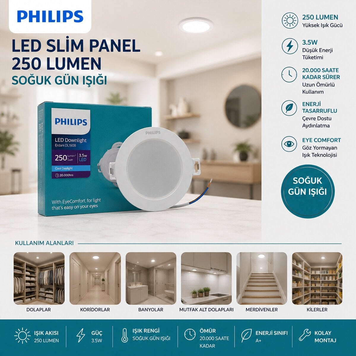 PHILIPS ( 3.5W ) ( SIVA ALTI ) ( YUVARLAK ) LED SLİM PANEL ( 250LUMEN ) ( 20.000 SAAT ÖMÜR )*20