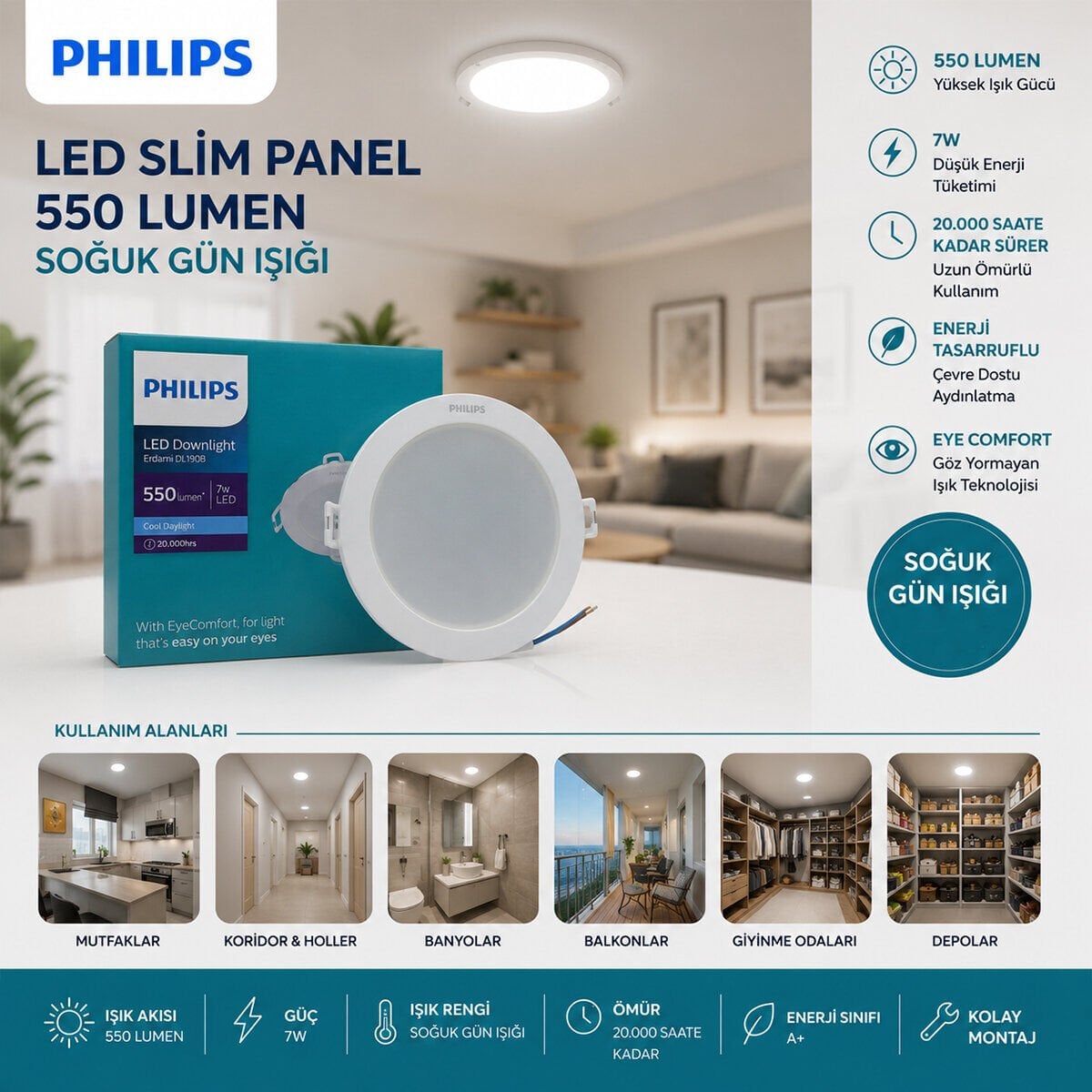 PHILIPS ( 7W ) ( SIVA ALTI ) ( YUVARLAK ) LED SLİM PANEL ( 550LUMEN ) ( 20.000 SAAT ÖMÜR )*20