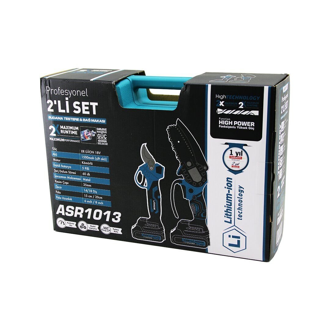 PROFESYONEL ASR-1013 (2 PCS SET) (6''-8'') (BUDAMA DAL KESME TESTERE=ŞARJLI & ZİNCİRLİ + BAĞ MAKASI KÖMÜRLÜ ) ( 18V-1500MAH AKÜ )*5