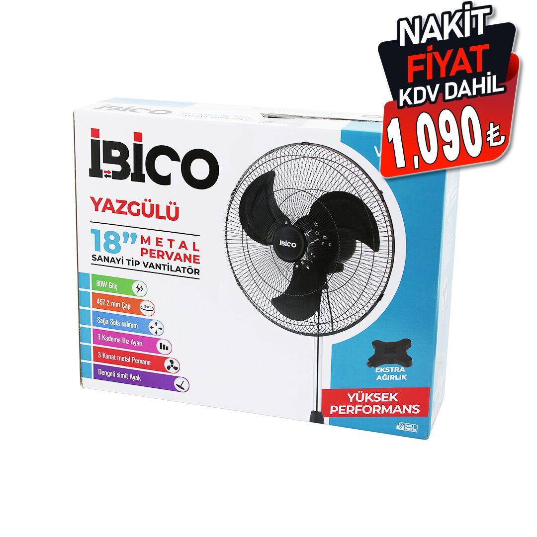 İBİCO VNT-002 (18'' İNÇ) (45.7CM) (SANAYİ) TİPİ AYAKLI VANTİLATÖR (3 KADEME HIZ & 3 METAL KANAT) (80W) (140CM YÜKSEKLİK) FAN*1