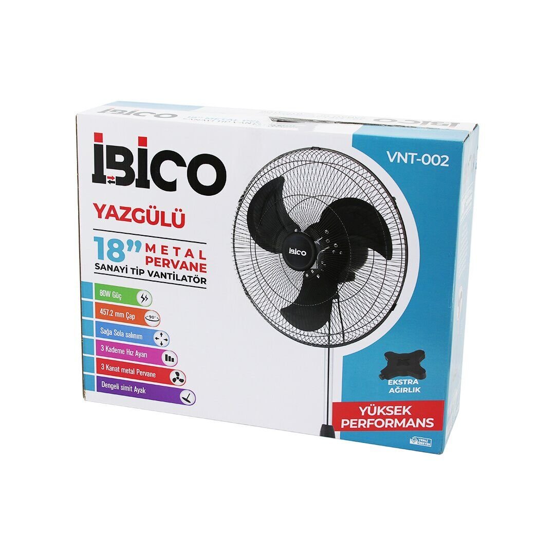 İBİCO VNT-002 (18'' İNÇ) (45.7CM) (SANAYİ) TİPİ AYAKLI VANTİLATÖR (3 KADEME HIZ & 3 METAL KANAT) (80W) (140CM YÜKSEKLİK) FAN*1