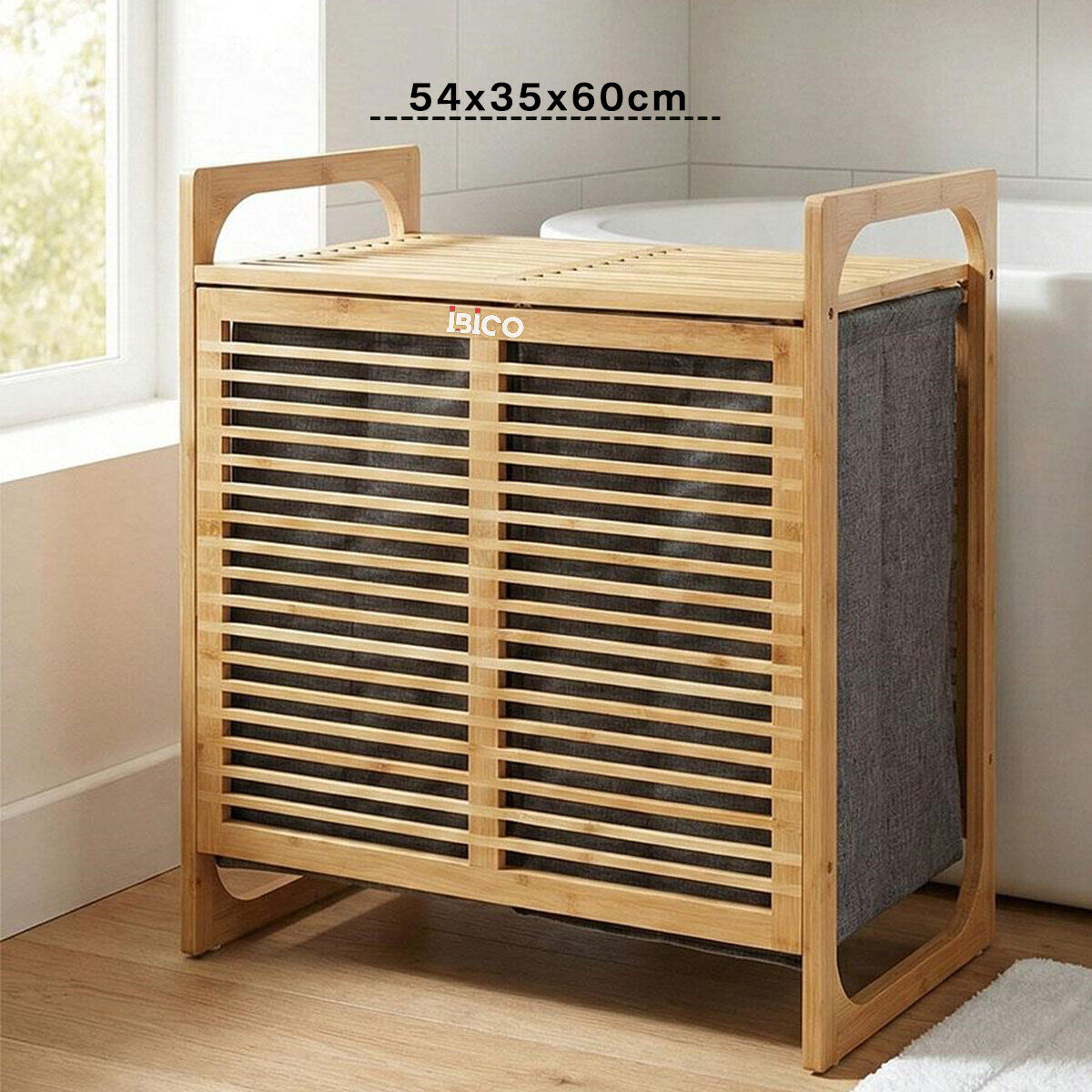 İBİCO İ21-154  ( KALIN AHŞAP BAMBU )  ( 2 BÖLMELİ ) KİRLİ ÇAMAŞIR SEPETİ ( KUMAŞ ÇANTALI ) ( SEPET=54X35X60CM )*6