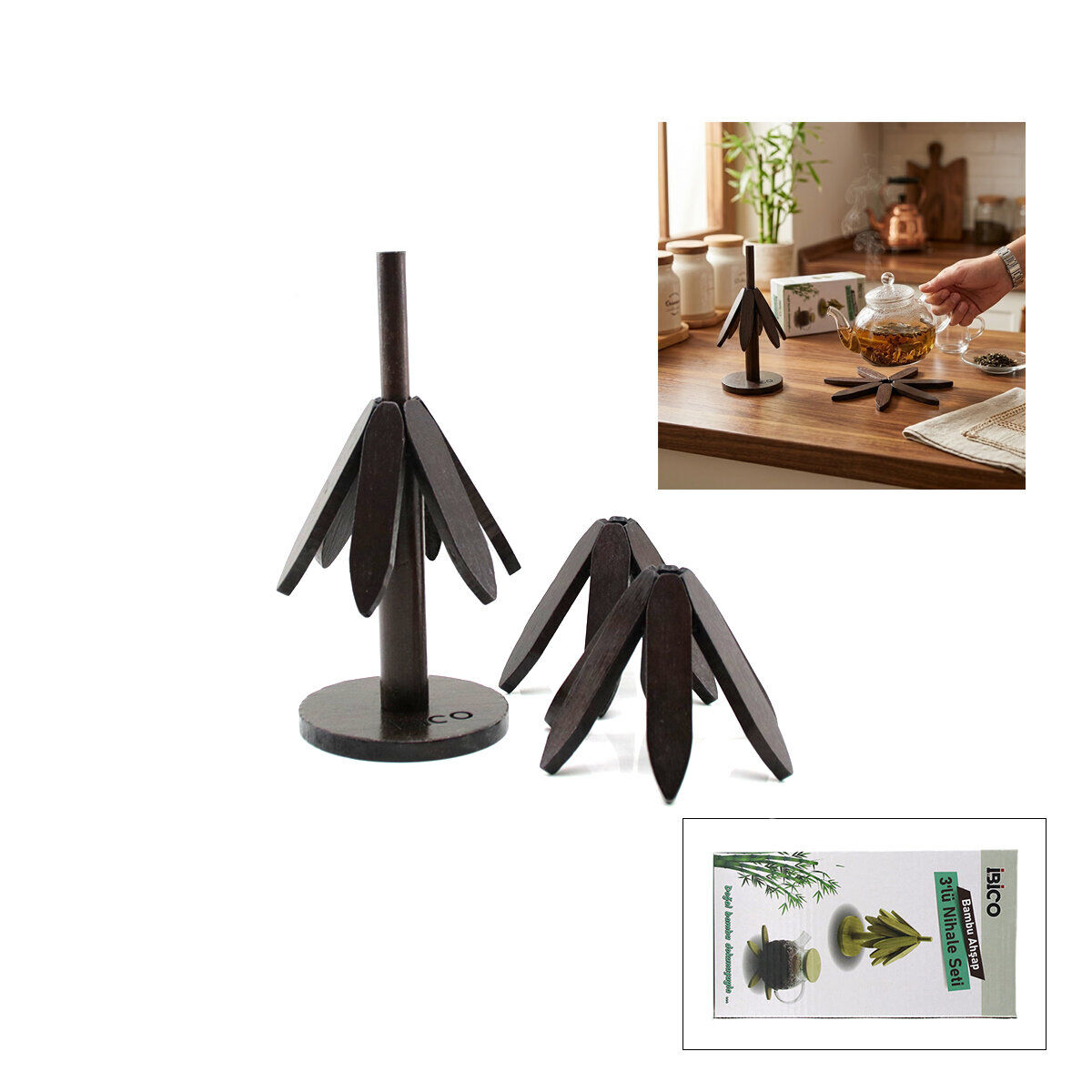 İBİCO İ22-320 STANDLI=AĞAÇ MODEL) ( 2PCS ) AHŞAP BAMBU ( KATLANIR ) NİHALE ( YAPRAKLI ÇİÇEK MODELİ= ÇAP: 20CM) )*36