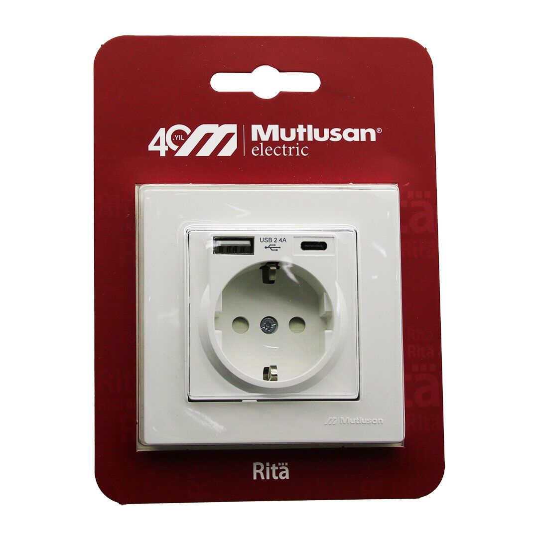 MUTLUSAN RİTA-2220 629 0201 ( BLİSTERLİ & KARTLI ) ( BEYAZ & USB + TYPE-C ' Lİ TOPRAKLI PRİZ ) ÇERÇEVELİ*8X1