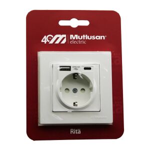 MUTLUSAN RİTA-2220 629 0201 ( BLİSTERLİ & KARTLI ) ( BEYAZ & USB + TYPE-C ' Lİ TOPRAKLI PRİZ ) ÇERÇEVELİ*8X1