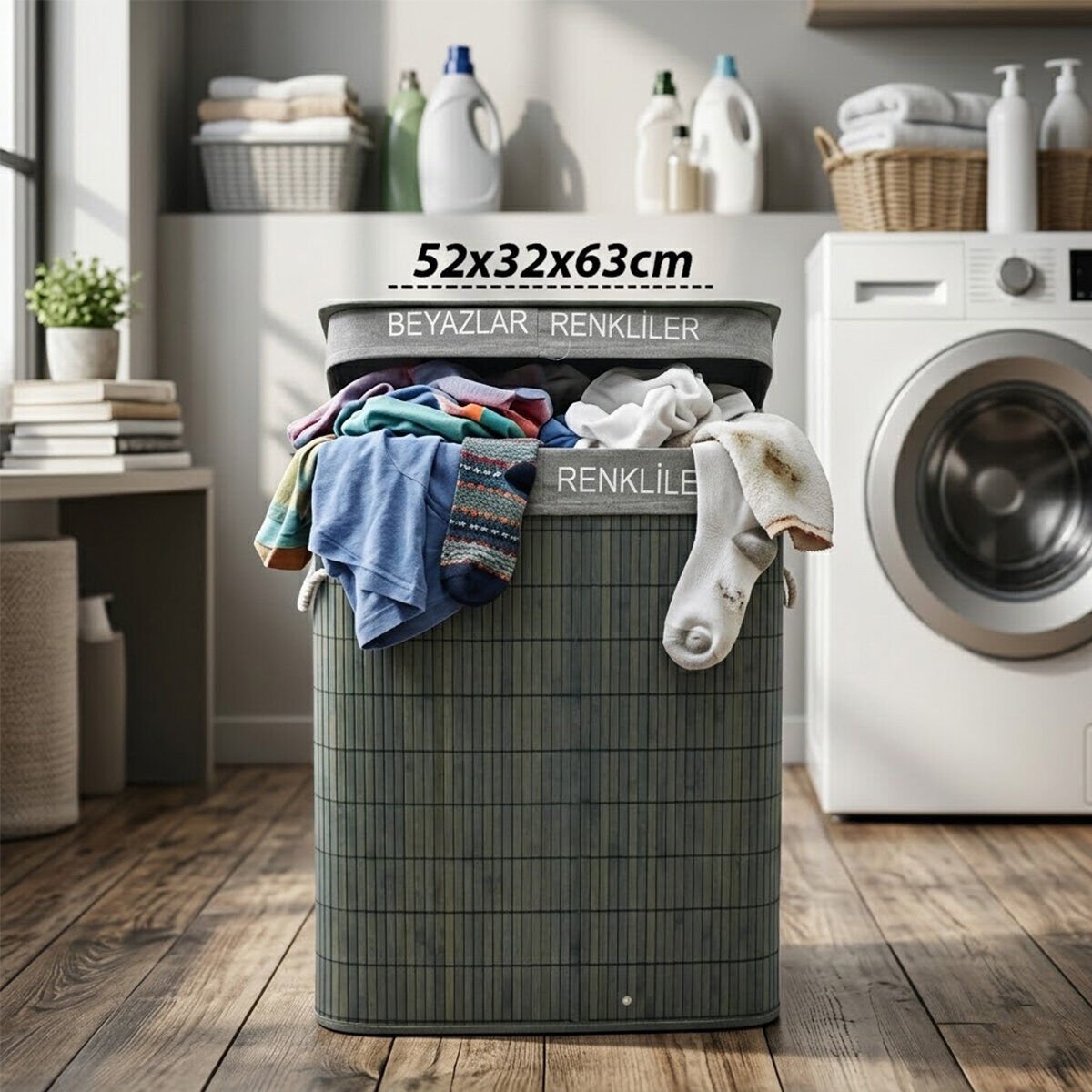 İBİCO İ21-104 ( GRİ ) ( DİKDÖRTGEN ) ( 2 BÖLMELİ ) ( 52X32CM Y:63CM ) ( BAMBU AHŞAP ) KİRLİ ÇAMAŞIR SEPETİ ( KUMAŞ ÇANTALI ) ( İP KULP )*12