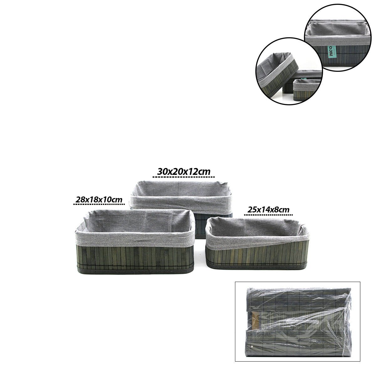 İBİCO İ22-327 ( GRİ ) ( 3 BOY ) ( D.DÖRTGEN ) ( BAMBU KENAR ) ORGANİZER SEPET ( AHŞAP ALTLIK & BEZLİ ) ( 25X14-28X18-20X30CM )*24