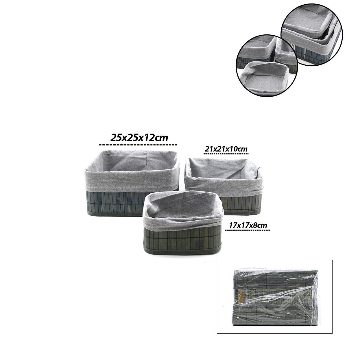 İBİCO İ22-328 ( GRİ ) ( 3 BOY ) ( KARE ) ( BAMBU KENAR ) ORGANİZER SEPET ( AHŞAP ALTLIK & BEZLİ ) ( 17X21X25CM )*24