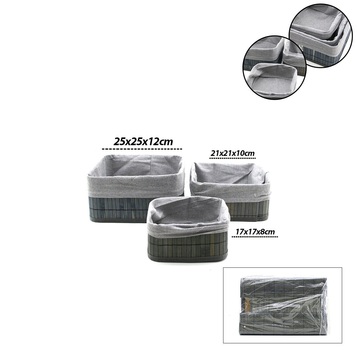 İBİCO İ22-328 ( GRİ ) ( 3 BOY ) ( KARE ) ( BAMBU KENAR ) ORGANİZER SEPET ( AHŞAP ALTLIK & BEZLİ ) ( 17X21X25CM )*24