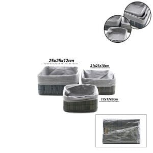 İBİCO İ22-328 ( GRİ ) ( 3 BOY ) ( KARE ) ( BAMBU KENAR ) ORGANİZER SEPET ( AHŞAP ALTLIK & BEZLİ ) ( 17X21X25CM )*24