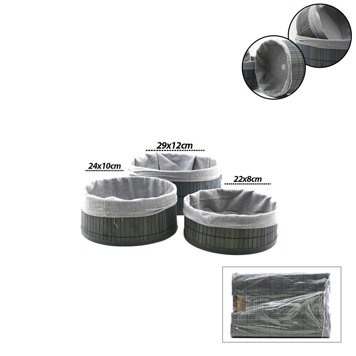 İBİCO İ22-329 ( GRİ ) ( 3 BOY ) ( YUVARLAK ) ( BAMBU KENAR ) ORGANİZER SEPET ( AHŞAP ALTLIK & BEZLİ ) ( ÇAP: 22X24X29CM )*24