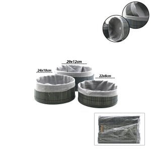 İBİCO İ22-329 ( GRİ ) ( 3 BOY ) ( YUVARLAK ) ( BAMBU KENAR ) ORGANİZER SEPET ( AHŞAP ALTLIK & BEZLİ ) ( ÇAP: 22X24X29CM )*24