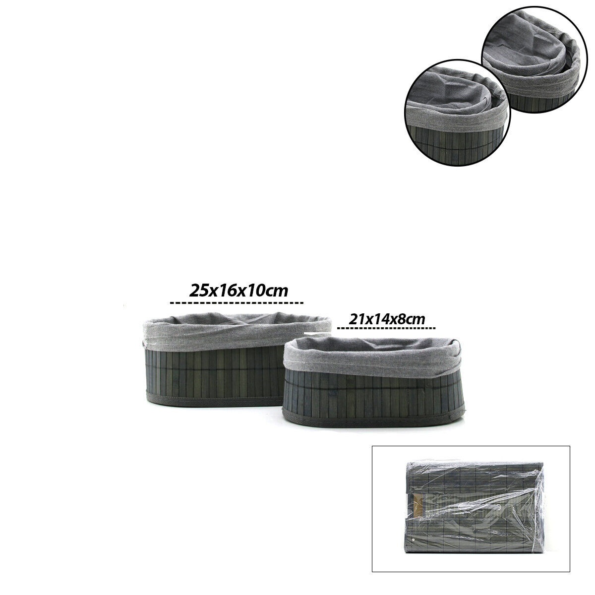 İBİCO İ22-331 ( GRİ ) ( 2 BOY ) ( OVAL ) ( BAMBU KENAR ) ORGANİZER SEPET ( AHŞAP ALTLIK & BEZLİ ) ( 21X14-25X16CM )*36