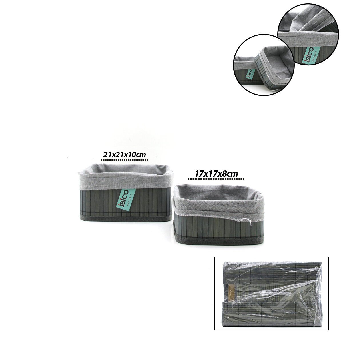 İBİCO İ22-332 ( GRİ ) ( 2 BOY ) ( KARE ) ( BAMBU KENAR ) ORGANİZER SEPET ( AHŞAP ALTLIK & BEZLİ ) ( 18X21CM )*36