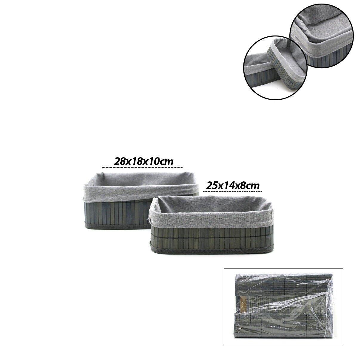 İBİCO İ22-334 ( GRİ ) ( 2 BOY ) ( D.DÖRTGEN ) ( BAMBU KENAR ) ORGANİZER SEPET ( AHŞAP ALTLIK & BEZLİ ) ( 25X14-28X18CM )*36
