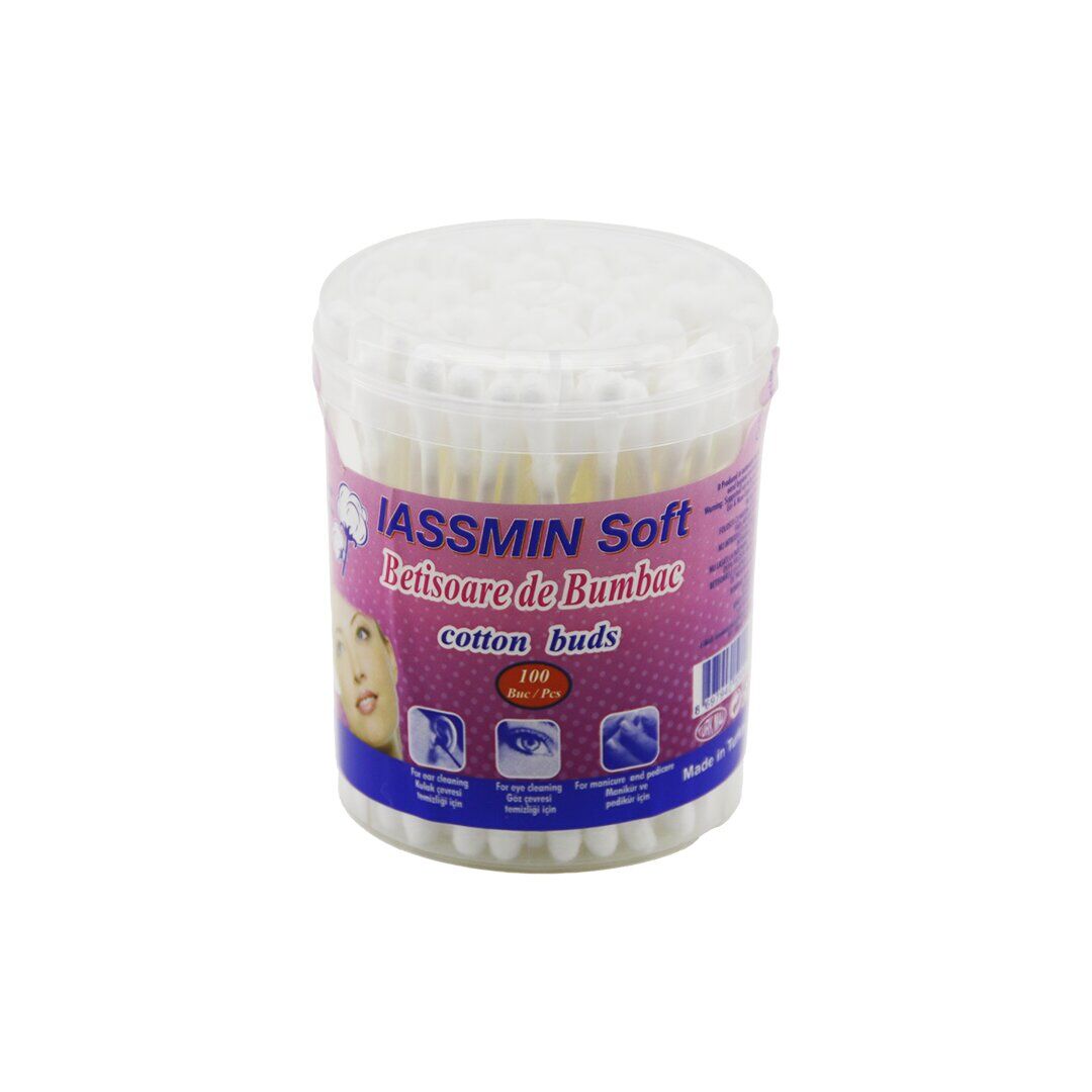 IASSMIN SOFT ( KÜÇÜK BOY ) ( 100PCS ) KULAK ÇÖPÜ ( PAMUKLU ÇUBUK ) ( YUVARLAK KUTU )*12X12