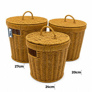 İBİCO İ22-407 ( 3 BOY ) ( YUVARLAK ) ( METAL İSKELET ) PLS.HASIR ORGANİZER SEPET ( KAPAKLI ) ( 22X25X28CM )*6=K