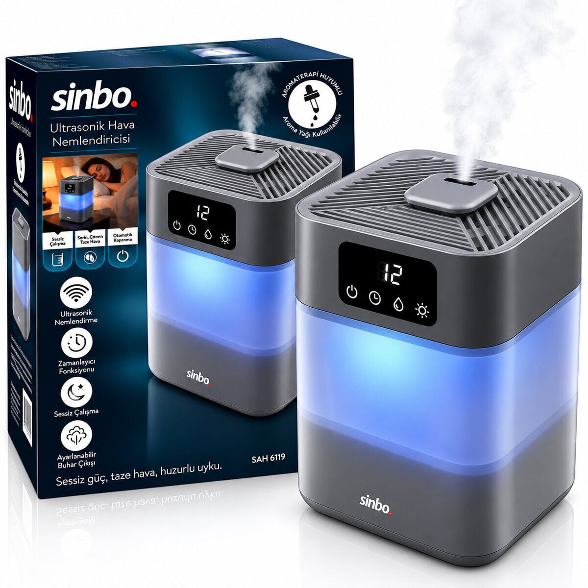 SİNBO SAH-6119 ( GRİ ) ( SESSİZ ÇALIŞMA ) (3 KADEMELİ BUHAR AYAR ) ( 5.5LT SU HAZNE & 7 RENK GECE LAMBA ) ULTRASONİK HAVA NEMLENDİRİCİ*4