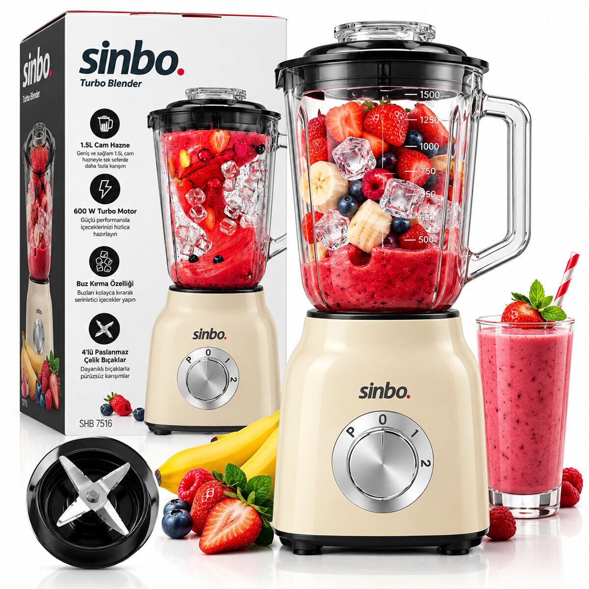SİNBO SHB-7516 ( KREM ) TURBO EL BLENDER SETİ ( DOĞRAYICI & MİKSER & BLENDER ) ( 600W ) ( 2 KADEME HIZ ) ( 1.5LT CAM HAZNE )*4