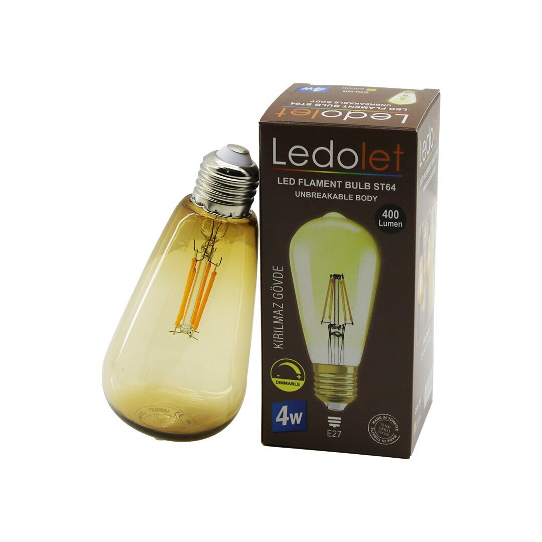LEDOLET ST-64 ( 4W & E27 ) ( GOLD COLOR ) FLAMENT ( RUSTİK ) AMPUL ( 400LUMEN & 2200K ) (KIRILMAZ GÖVDE)*80