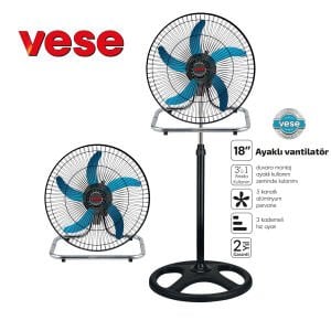 VESE VNT-003 ( 18'' İNÇ ) ( 46CM ) ( SANAYİ ) TİPİ AYAKLI VANTİLATÖR ( 3 KADEME HIZ & 5 METAL KANAT ) ( 80W ) FAN*3