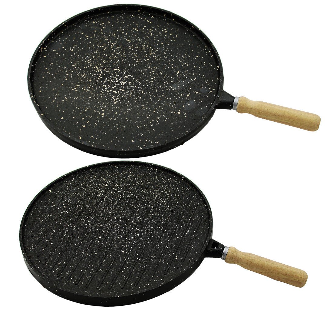 KRT-1032 ( ÇİFT TARAFLI ) ( 34CM ) DÖKÜM ( BAZLAMA & GÖZLEME & IZGARA ) TAVASI ( AHŞAP SAPLI )*15