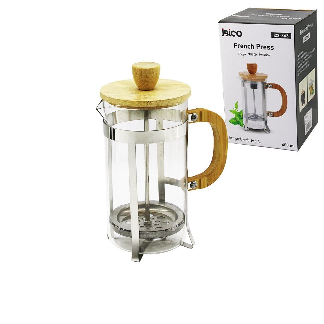 İBİCO İ22-343 FRENCH PRESS ( METAL KAFES & BAMBU SAP BAMBU KAPAK ) ( 600ML ) ( CAM ) BİTKİ SÜZGEÇİ*40