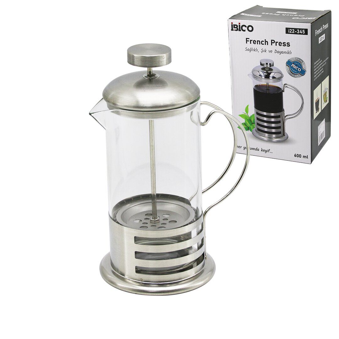 İBİCO İ22-345 FRENCH PRESS ( METAL KAFES & METAL KAPAK ) ( 600ML ) ( CAM ) BİTKİ SÜZGEÇİ*40