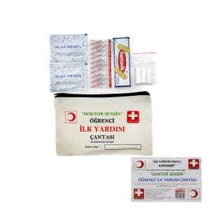 KRT-1096 (BEZ ÇANTALI) (ÖĞRENCİ) İLK YARDIM SETİ (19PCS=10PCS YARA BANDI & 3-AŞI BANDI & 3-RULO PAMUK & 2-ISLAK MENDİL & 1-SET ÇANTASI)*300