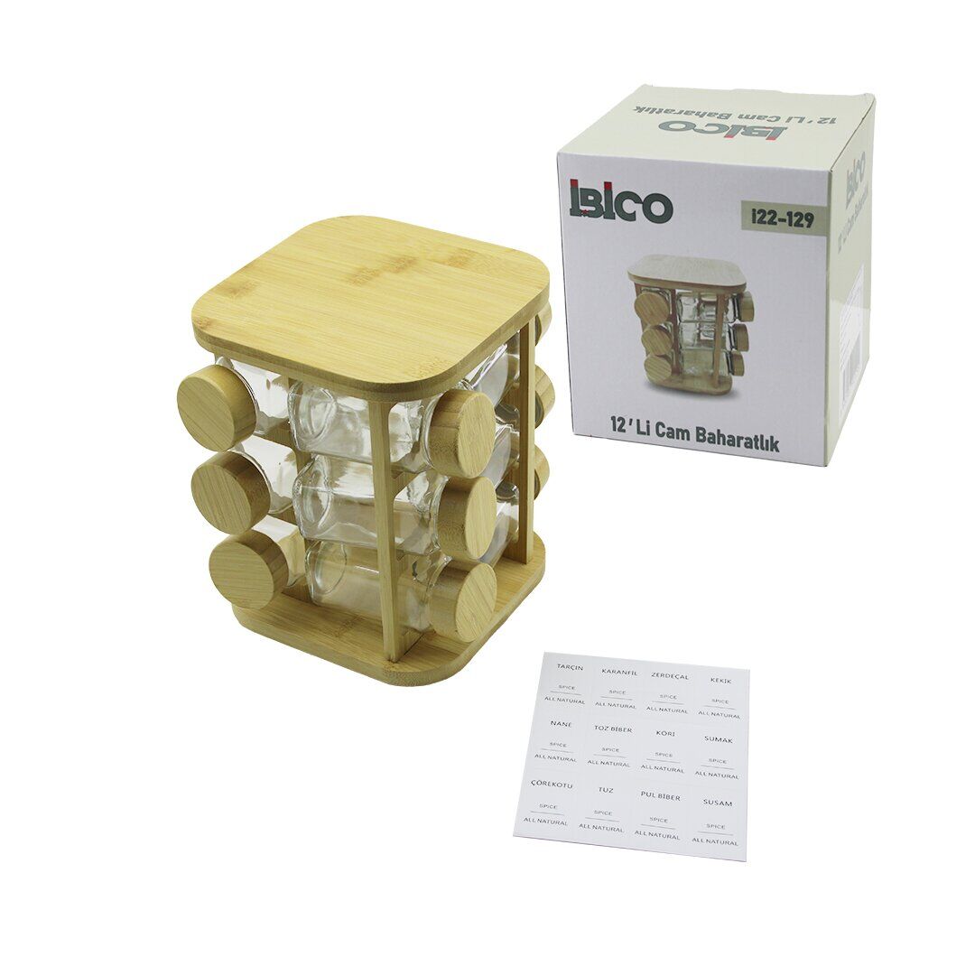 İBİCO İ22-129 ( 12PCS ) ( KARE & DÖNER STANDLI ) ( CAM ) ( BAMBU KAPAK ) TUZLUK & BAHARATLIK SETİ ( BAMBU STAND=17X17CM & Y: 21CM )*12