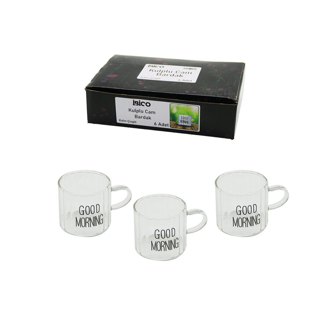 *İBİCO İ22-140 ( 6PCS ) ( KULPLU ) ( GOOD MORNING & KALIN ÇİZGİLİ CAM ) KAHVE YANI BARDAK ( 90ML )*48=K