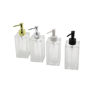 İBİCO İ21-042 ( CAM ) ( KARE & ŞEFFAF ŞİŞE -- BUZLU ÇİZGİLİ DESEN) SIVI SABUNLUK (RENKLİ PLASTİK POMPA)*48=K