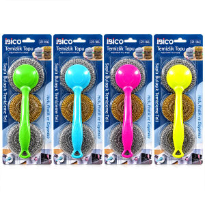 İBİCO İ21-106 LY CLEANİNG BALL ( 3PCS ) BULAŞIK TEMİZLİK TOP TEL SETİ ( LAVABO ) ( RENKLİ PLASTİK SAPLI & YEDEKLİ )*10X10